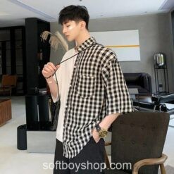 Softboy Patchwork Designer Half Plaid Shirt
