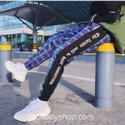 Patchwork Men Streetwear Plaid Pant