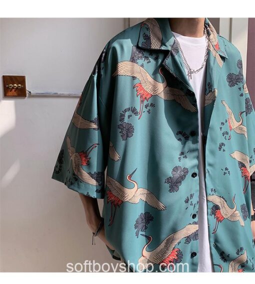 Softboy Crane Print Loose Shirt
