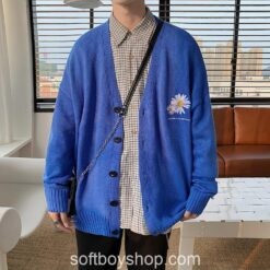 Softboy Embroidery Flower Cardigan Knitted Sweater