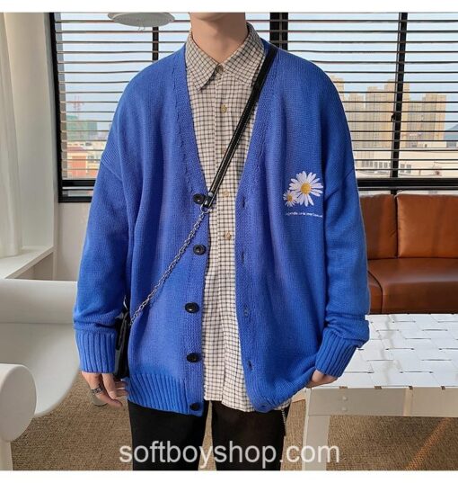 Softboy Embroidery Flower Cardigan Knitted Sweater