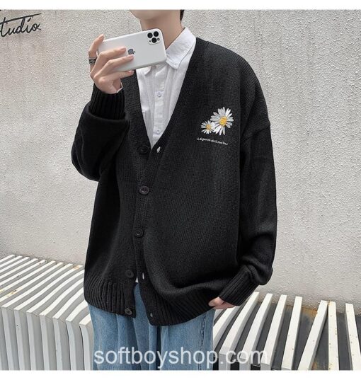 Softboy Embroidery Flower Cardigan Knitted Sweater