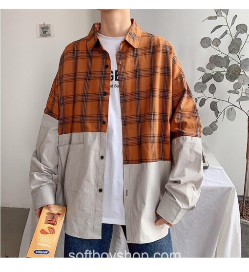 Softboy Men Plaid Patchwork Long Sleeve Shirt