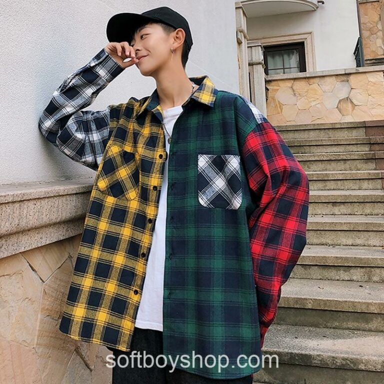 Softboy Patchwork Harajuku Oversized Cotton Plaid Shirt