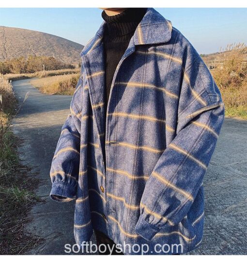Softboy Style Plaid Wool Overcoat