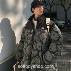 Men Japanese Streetwear Smile Softboy Puffer Jacket