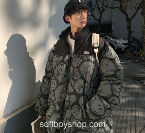 Men Japanese Streetwear Smile Softboy Puffer Jacket