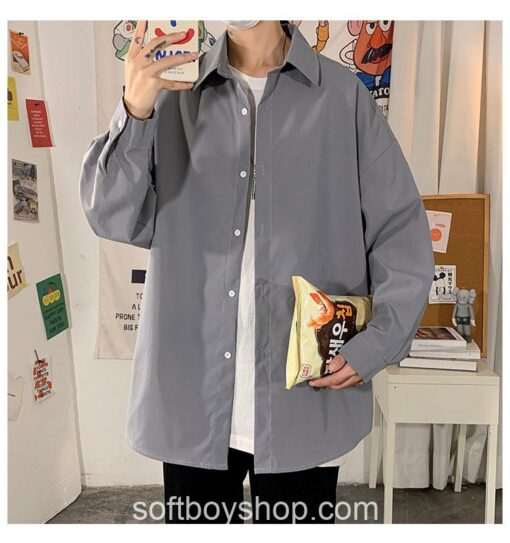 Button Up Oversized Shirt Solid Long Sleeve Harajuku Shirt 13